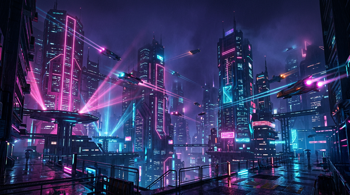 Source demonstration: Cyberpunk City in three.js