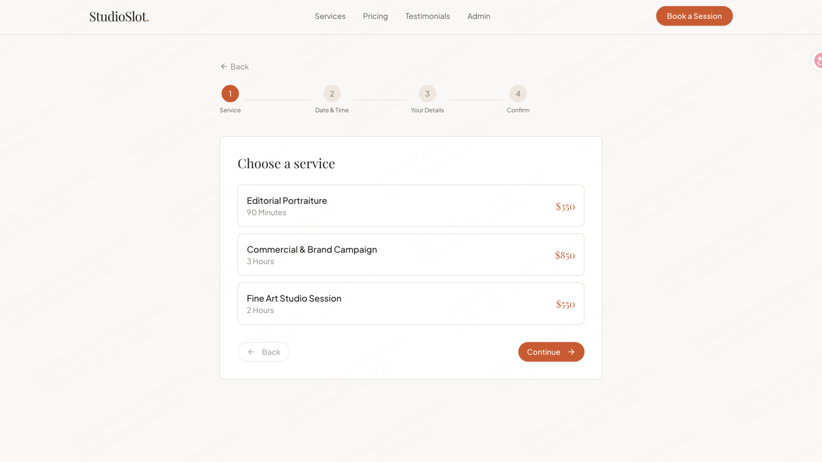 The generated StudioSlot booking flow starts with service selection and continues through date, details, and confirmation.