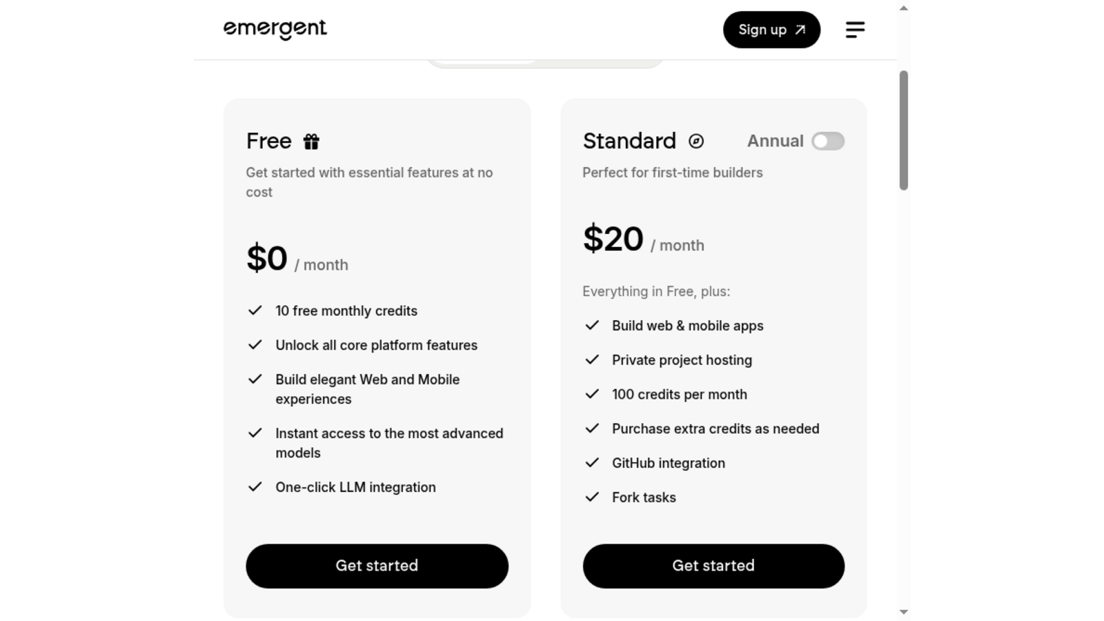 Emergent’s official Free and Standard plans, captured September 28, 2026. Check the live pricing page for changes.