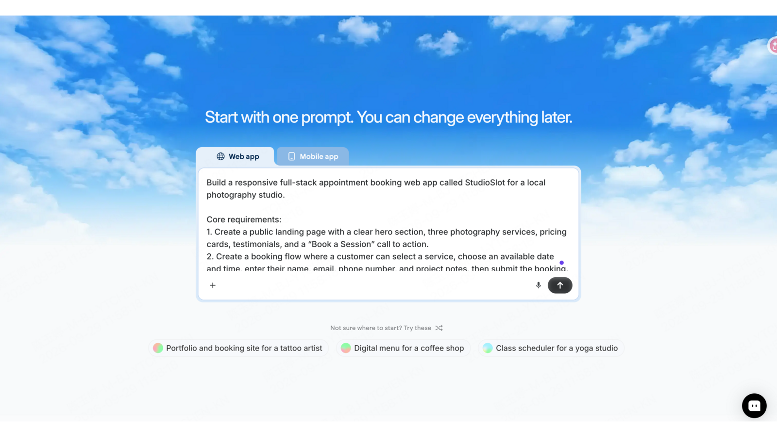 The StudioSlot test prompt entered in Emergent’s Web app mode.