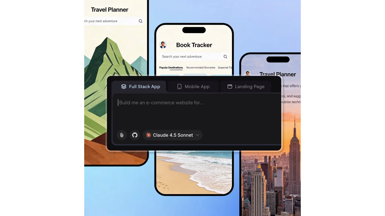 Emergent’s official builder visual presents Full Stack App, Mobile App, and Landing Page as distinct starting points.