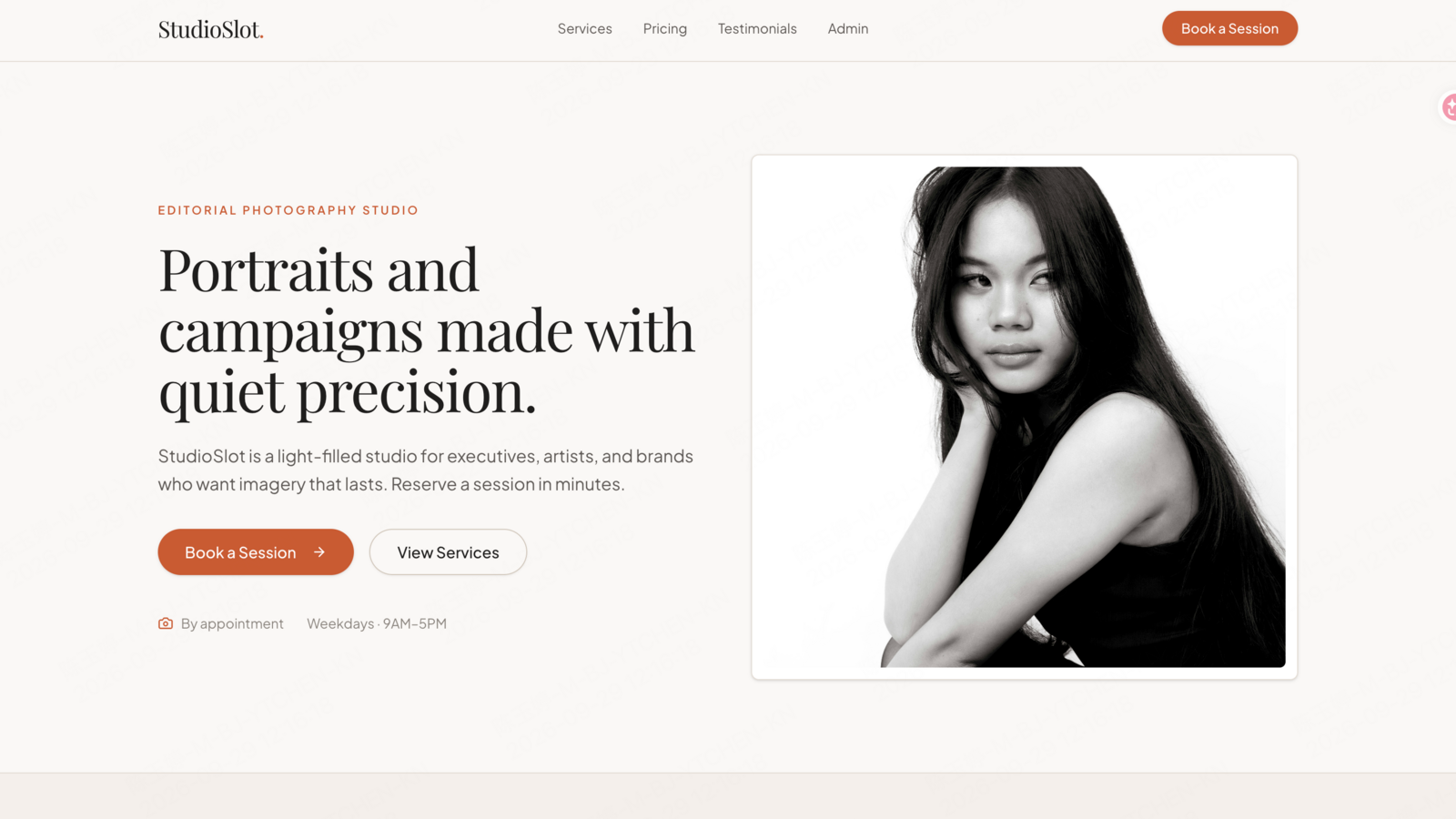 The generated StudioSlot homepage followed the requested warm editorial design direction.