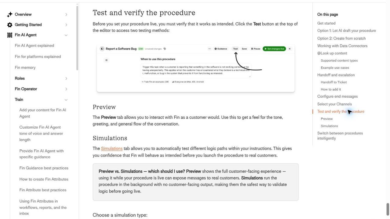 L'image montre une interface utilisateur pour tester et vérifier des procédures dans l'IA conversationnelle pour le service client. Elle comprend une section "Tester et vérifier la procédure" avec un bouton "Tester" mis en évidence par une flèche. En dessous, des onglets : "Aperçu" pour interagir en tant que client, et "Simulations" pour tester automatiquement les chemins logiques.