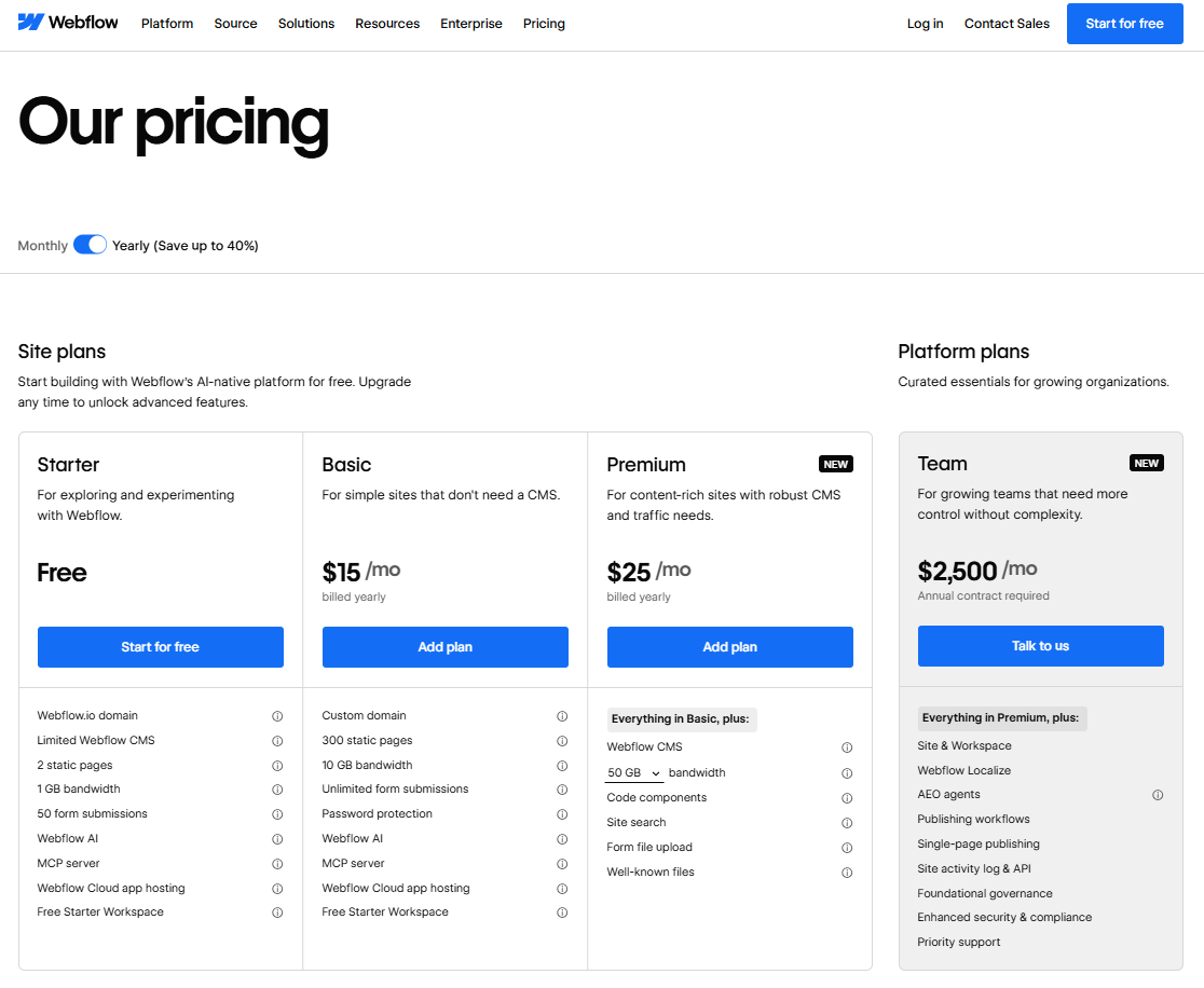Webflow pricing plan screenshot