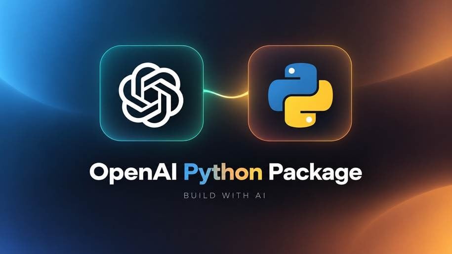यह इमेज नीले और ऑरेंज ग्रेडिएंट बैकग्राउंड वाला OpenAI Python पैकेज दिखाती है