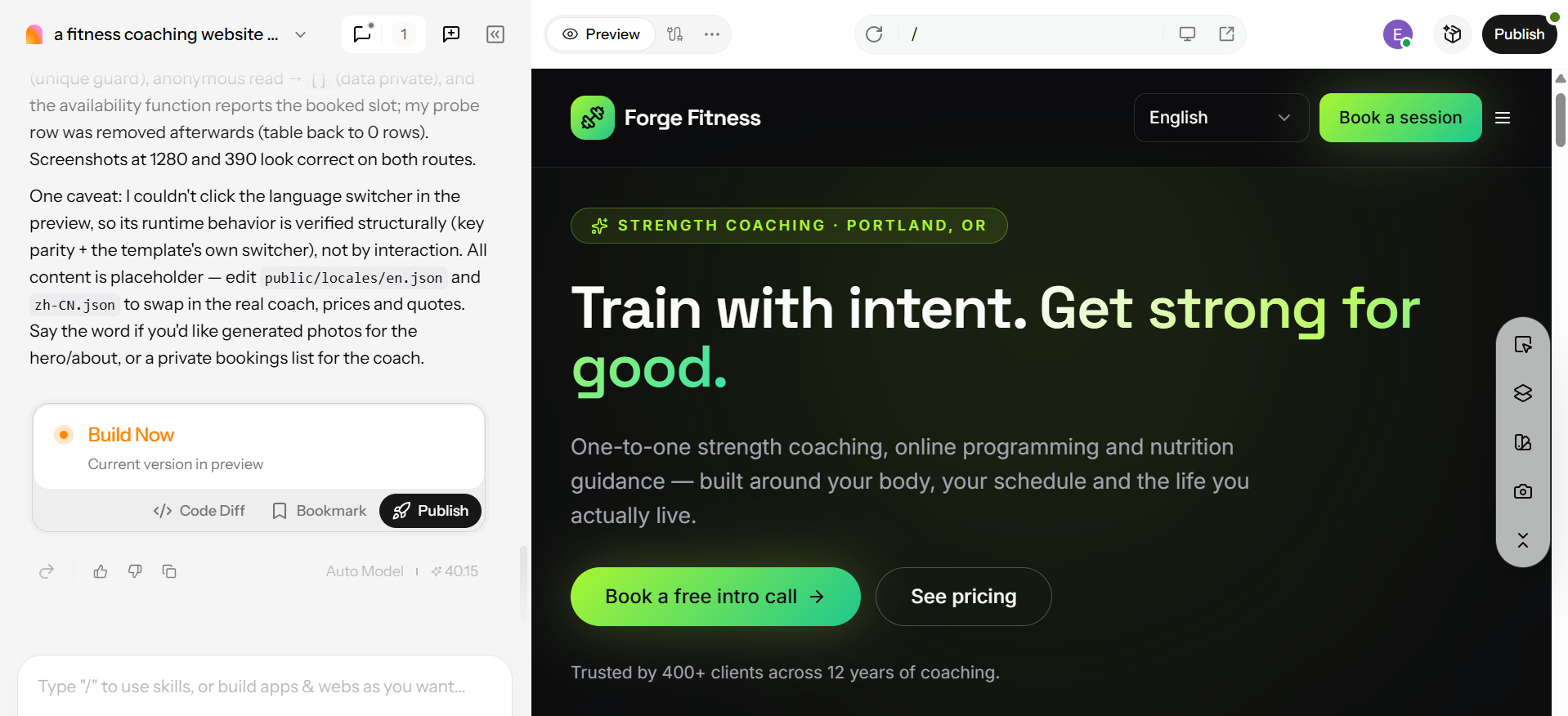 Enter Pro generated site preview