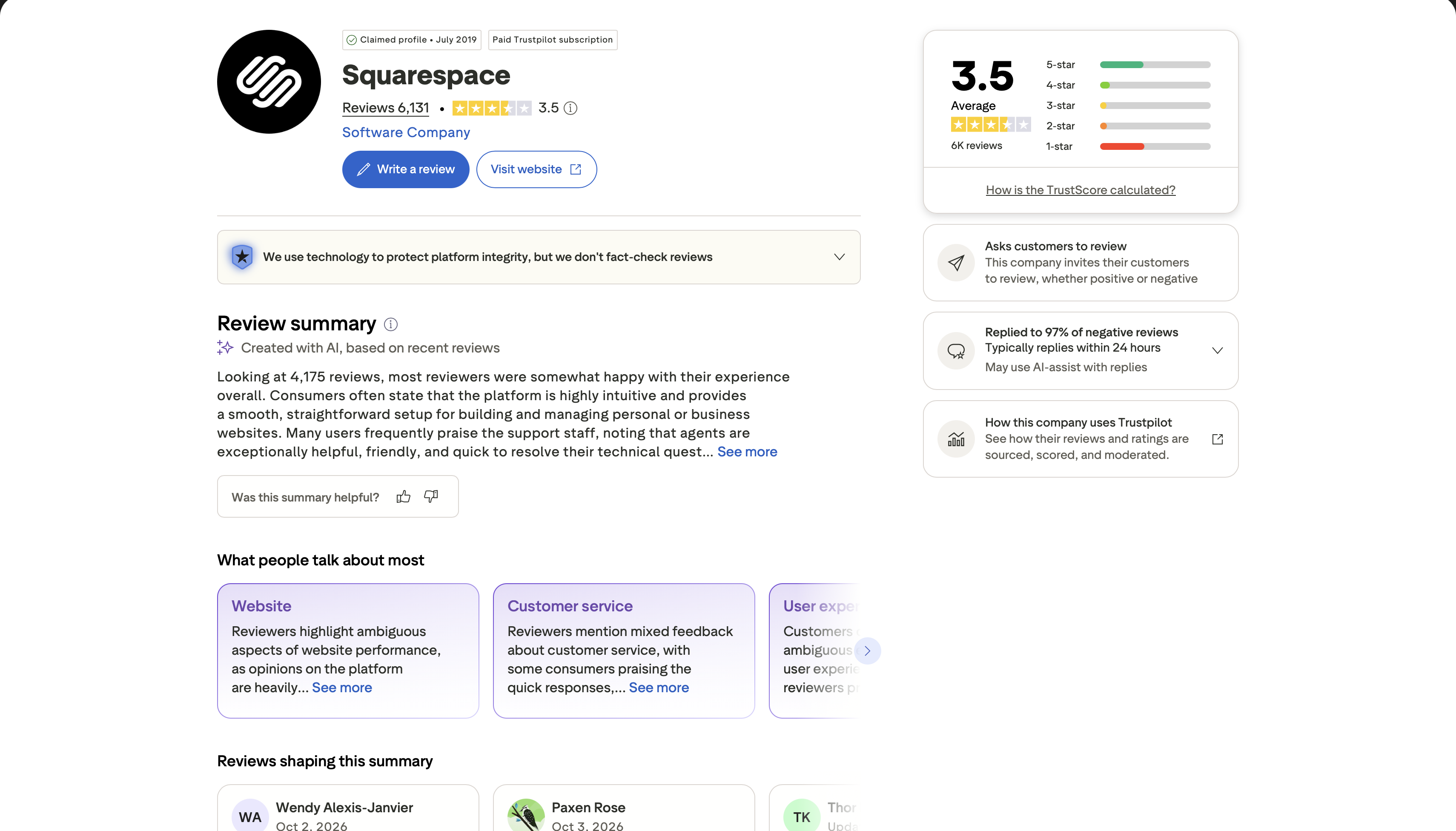 note Squarespace sur Trustpilot