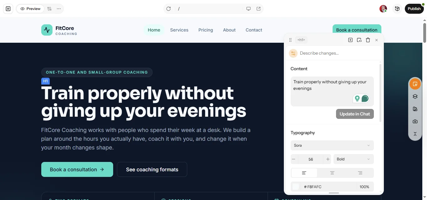 कॉन्टेंट एडिटिंग पैनल खुला होने के साथ FitCore Coaching होमपेज का Enter Pro प्रीव्यू।