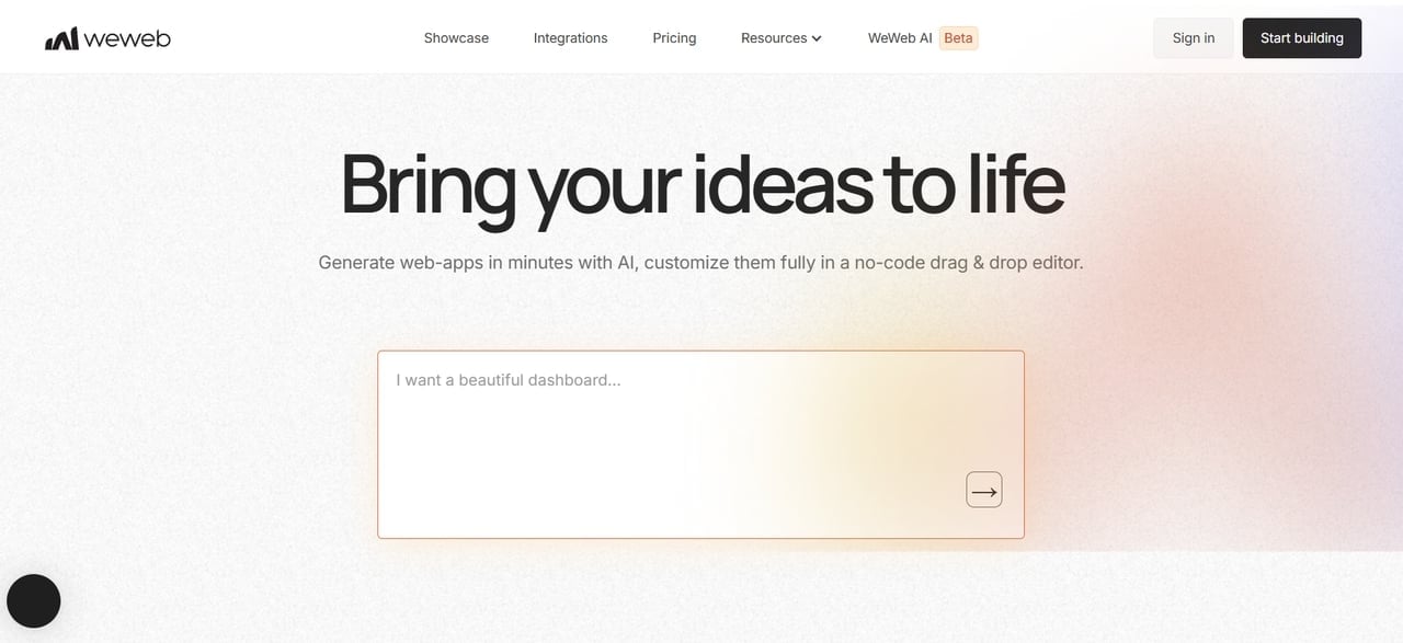 WeWeb homepage with an AI web-app prompt field and an introduction to its no-code drag-and-drop editor