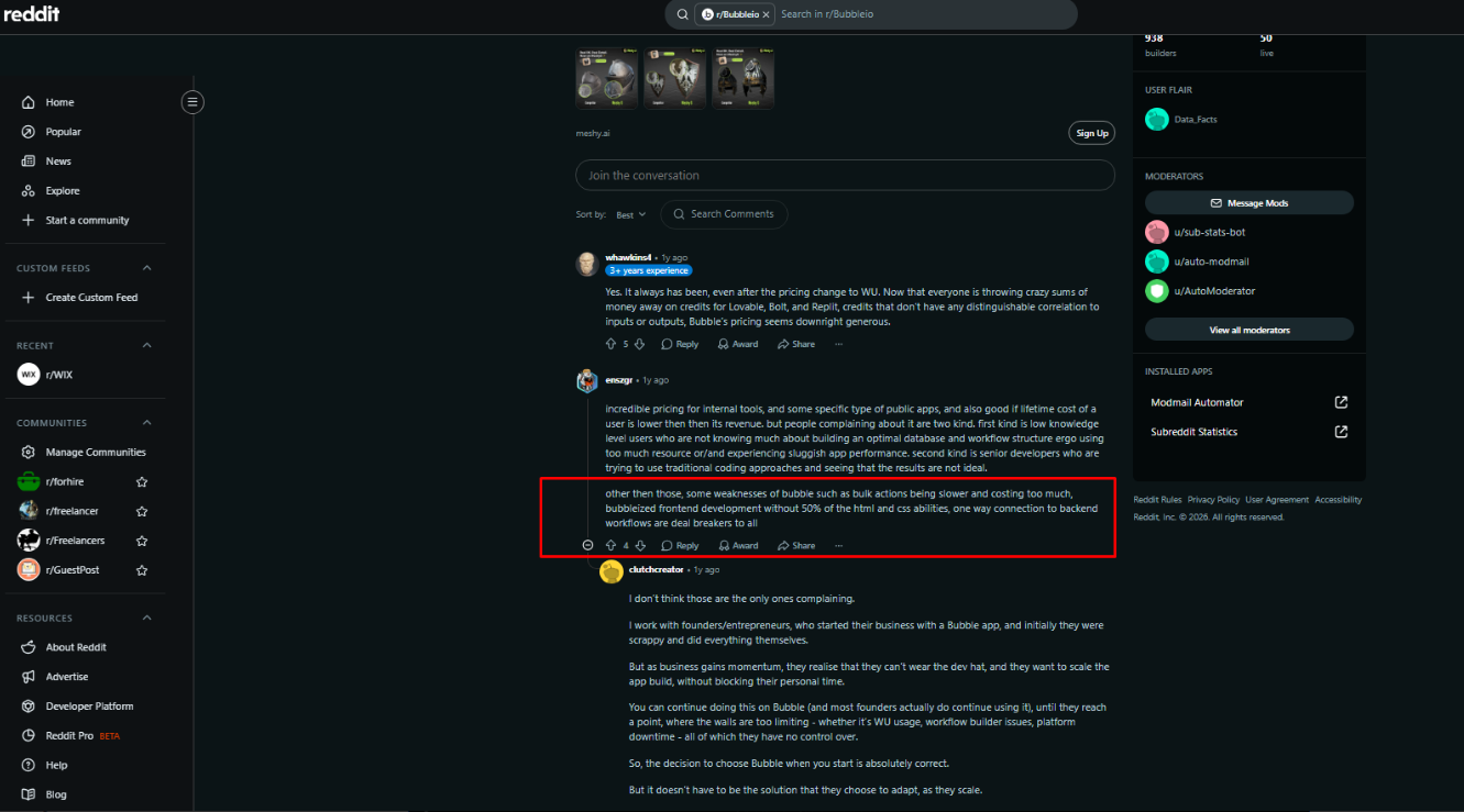 Negative comment about Bubble pricing on reddit