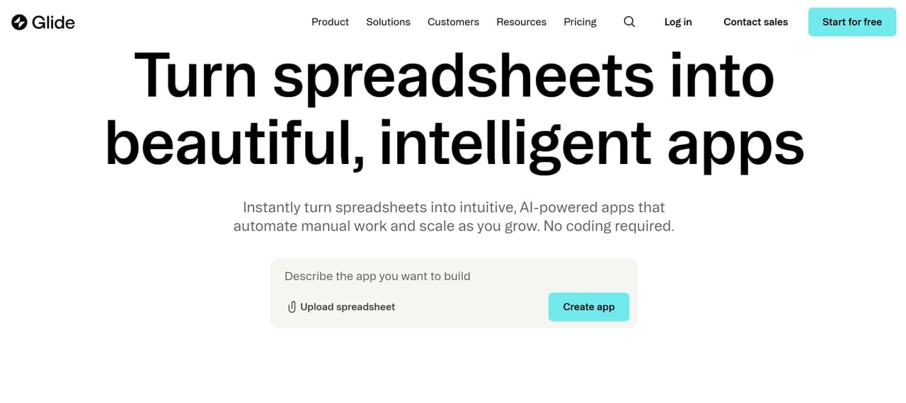 Glide homepage with a spreadsheet upload option, an app description field, and a Create app button