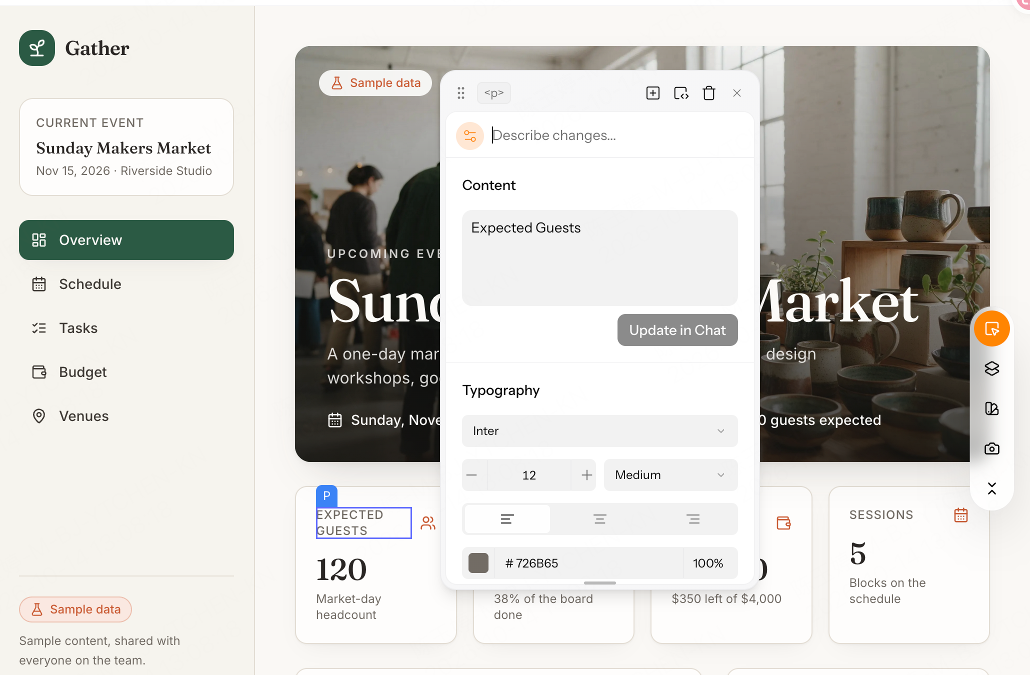 Enter Pro Visual Editor with the Expected Guests label selected and content, typography, alignment, and color controls open
