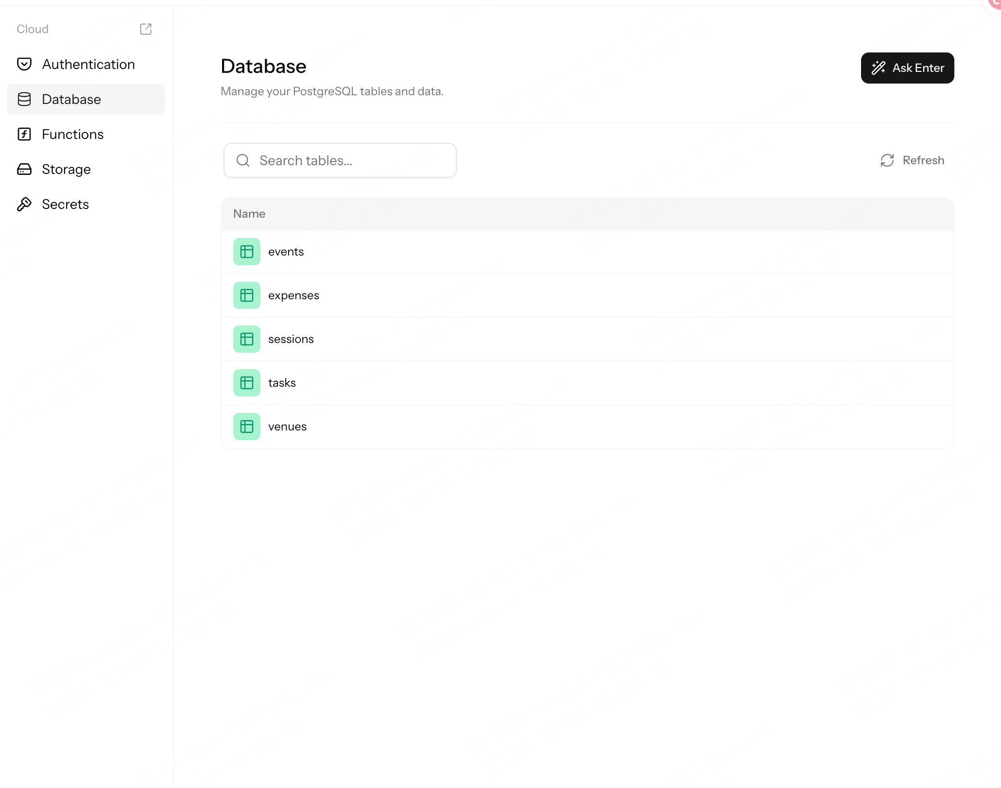 Enter Cloud Database panel showing Gather’s PostgreSQL tables for events, expenses, sessions, tasks, and venues