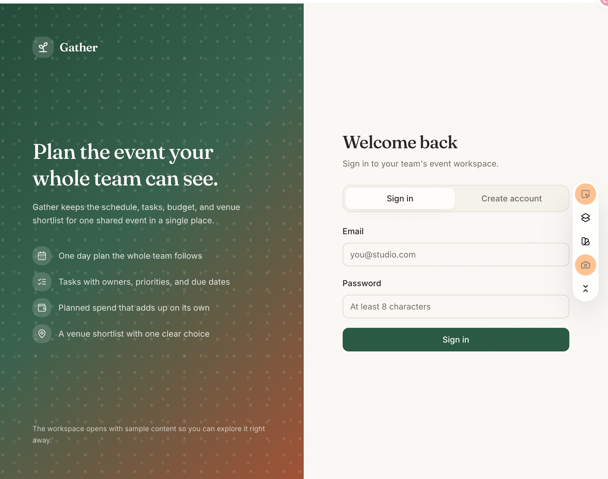 Gather sign-in screen with email and password fields, account creation tab, and event-workspace introduction