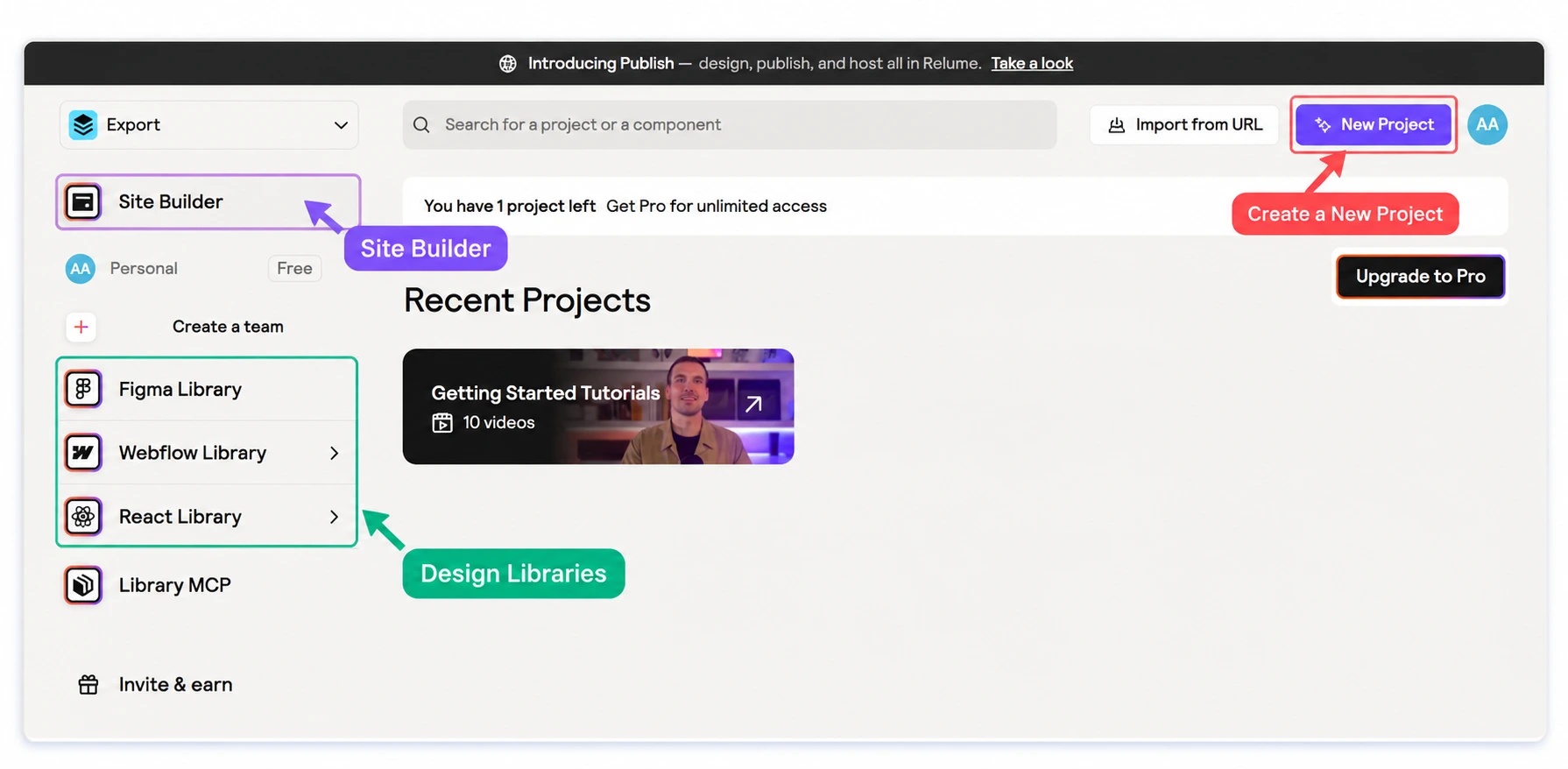 New Project, Figma, Webflow और React लाइब्रेरी ऑप्शंस के साथ Relume AI Site Builder डैशबोर्ड
