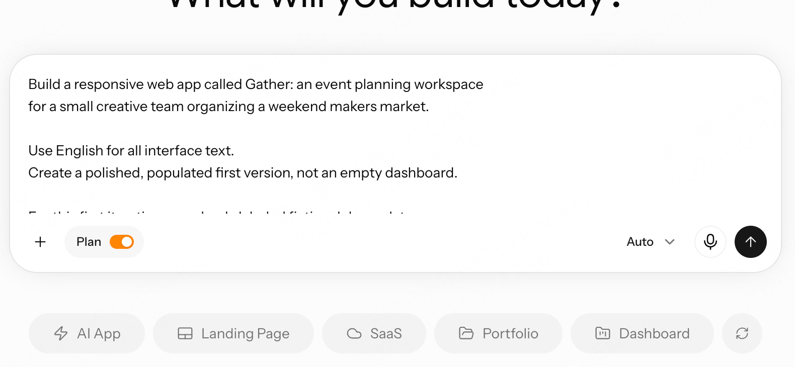 Enter Pro prompt field with the Gather event-planning app brief and Plan Mode enabled