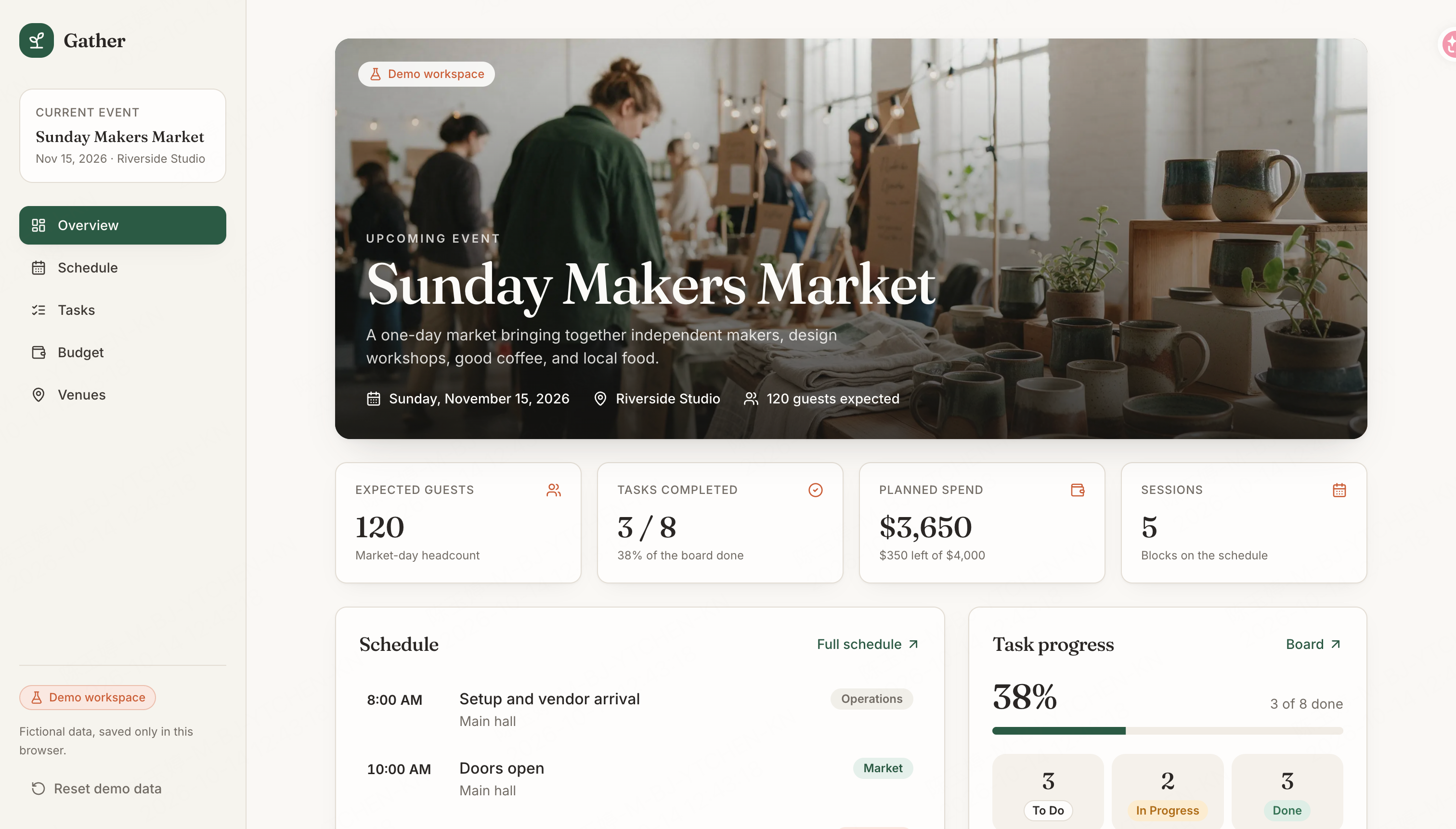 Gather event-planning overview with a makers-market cover, guest and budget summaries, schedule preview, and task progress