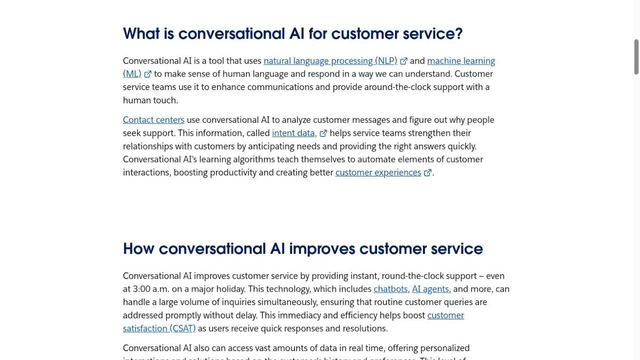 L'image, intitulée "Qu'est-ce que l'IA conversationnelle pour le service client ?", explique que l'IA conversationnelle utilise le traitement du langage naturel (NLP) et l'apprentissage automatique (ML) pour comprendre le langage humain et répondre naturellement. Elle mentionne que les équipes de service client l'utilisent pour améliorer la communication et offrir un support 24h/24 et 7j/7 avec une touche humaine.