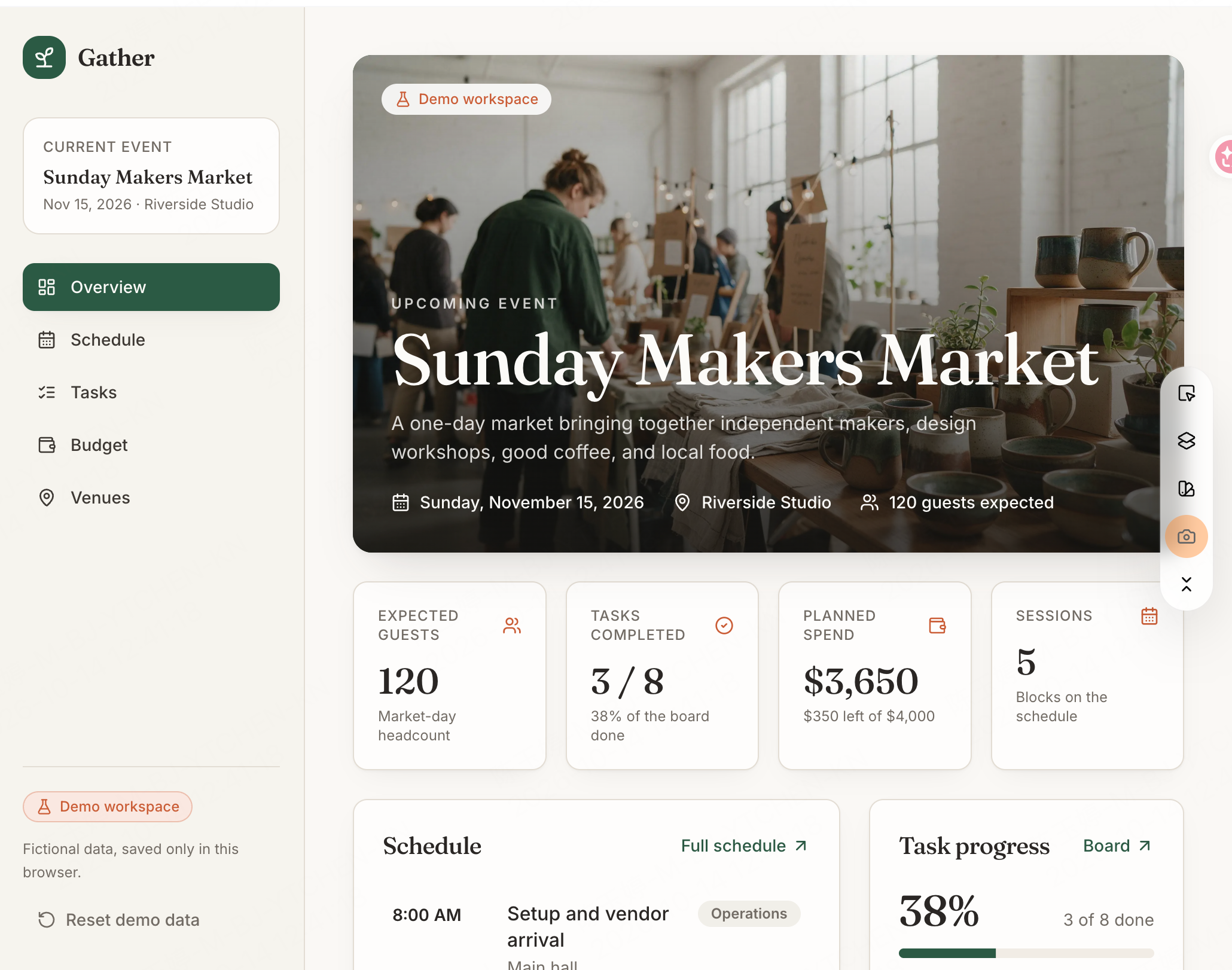 Gather app preview in Enter Pro with an event cover, navigation, and guest, task, budget, and session summary cards