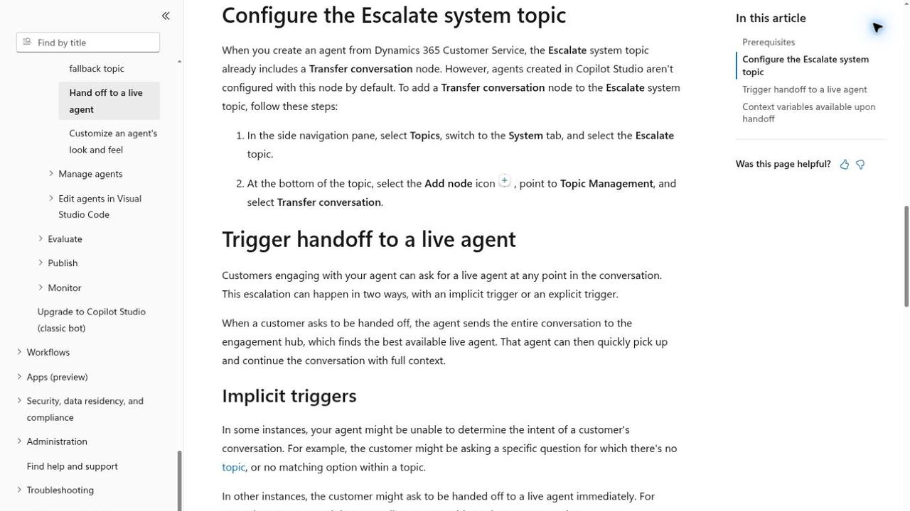 L'image montre une interface utilisateur pour configurer le sujet système Escalate dans un système de service client. À gauche, un panneau de navigation présente des options comme "Sujet de repli" et "Transférer à un agent en direct". La zone de contenu principale comporte une section intitulée "Configurer le sujet système Escalate".