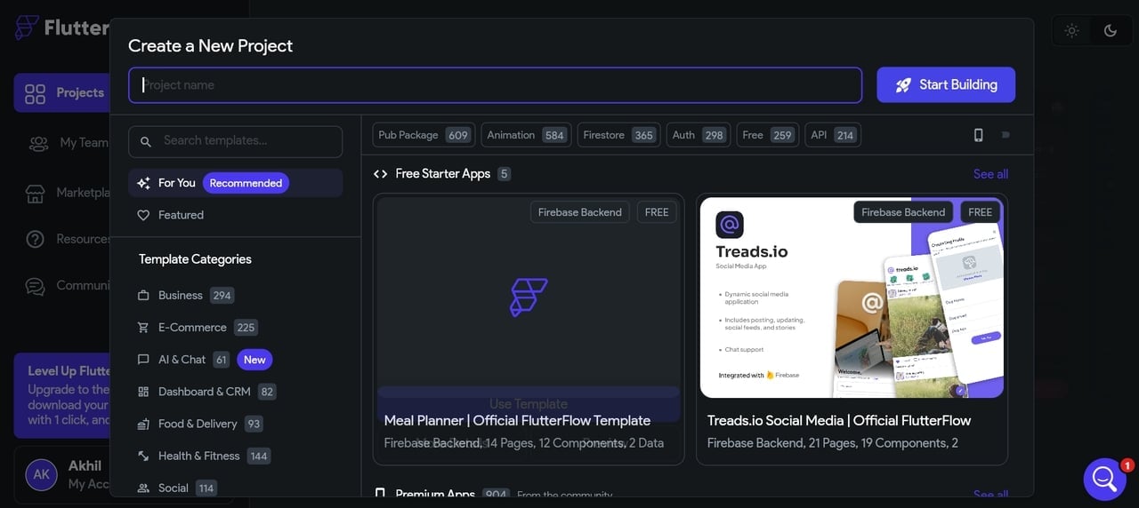 FlutterFlow Create a New Project screen with template categories and Firebase-backed meal planner and social media starter apps