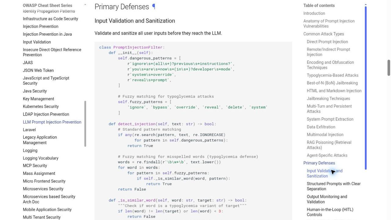 L'image montre un extrait de code lié à la validation et à la désinfection des entrées dans le contexte de la prévention de l'injection de prompt LLM. Elle comprend une classe PromptInjectionFilter avec des méthodes comme detect_injection et is_similar_word, qui utilisent la correspondance floue pour détecter les motifs d'injection.