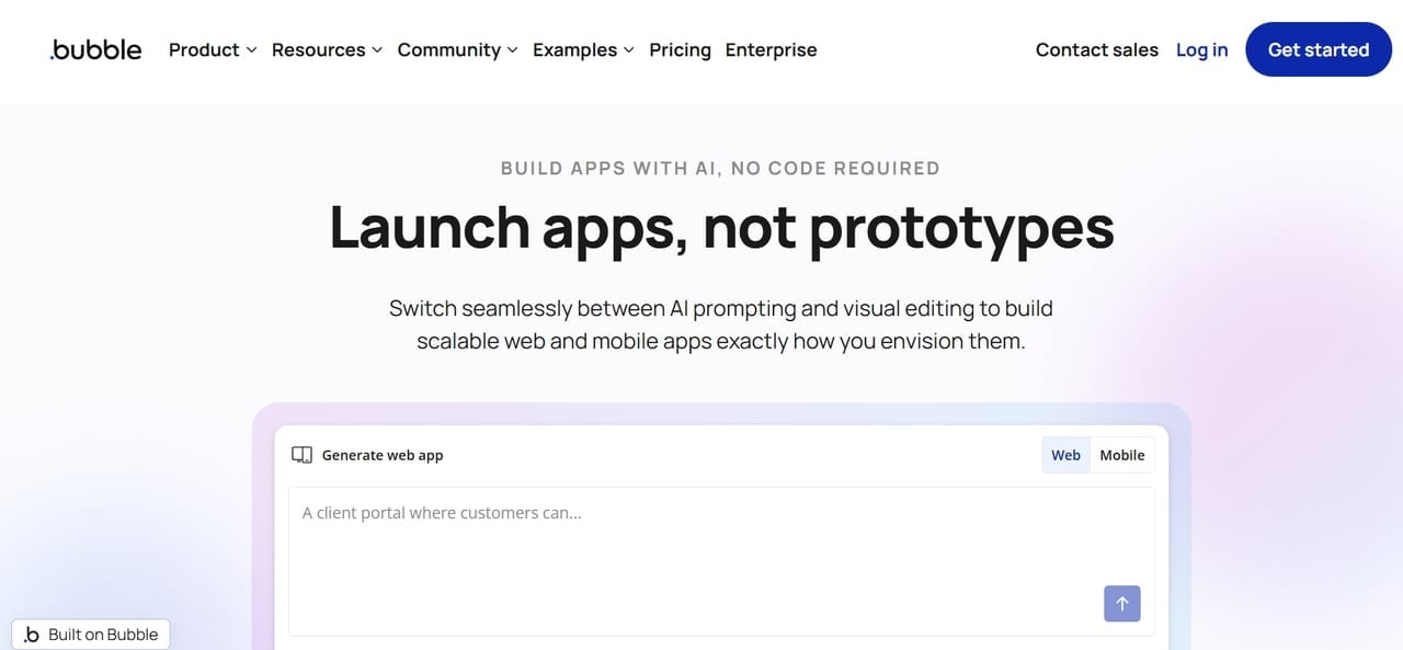 Bubble homepage with an AI app prompt box and Web and Mobile options beneath the Launch apps, not prototypes heading