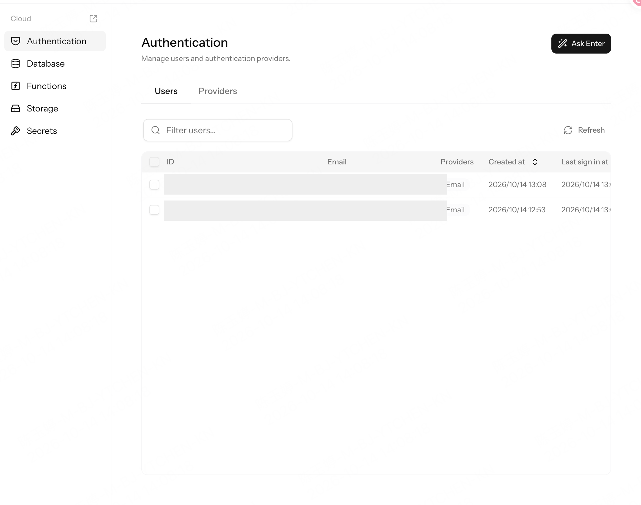 Enter Cloud Authentication panel listing two registered email accounts with provider and account activity columns
