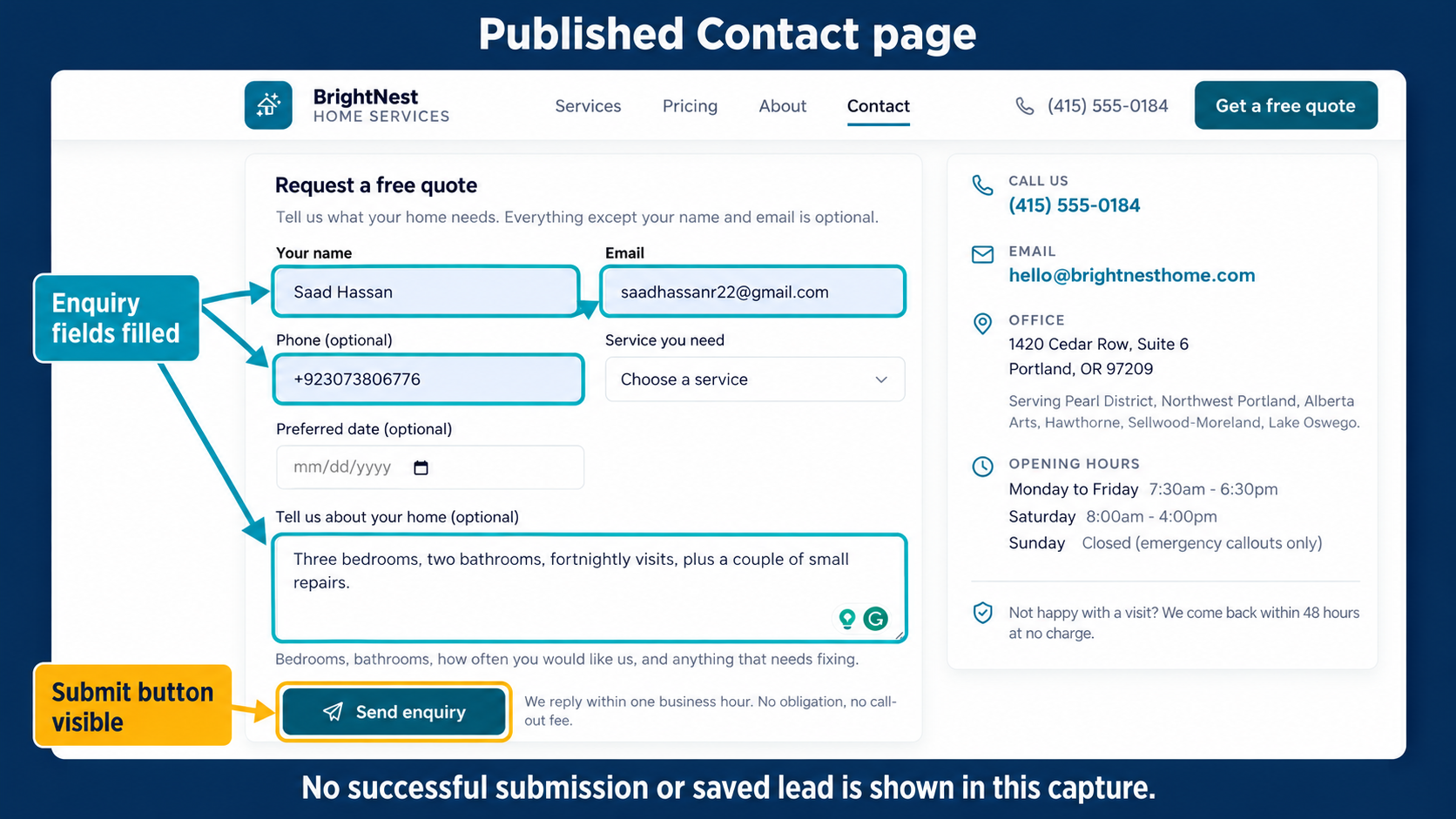 L'image montre une page de contact publiée de BrightNest Home Services. La page comprend des champs pour demander un devis gratuit, avec les "Champs de demande remplis" mis en évidence. Les champs remplis sont "Votre nom" (Saad Hassan), "E-mail", "Téléphone" et "Parlez-nous de votre domicile".