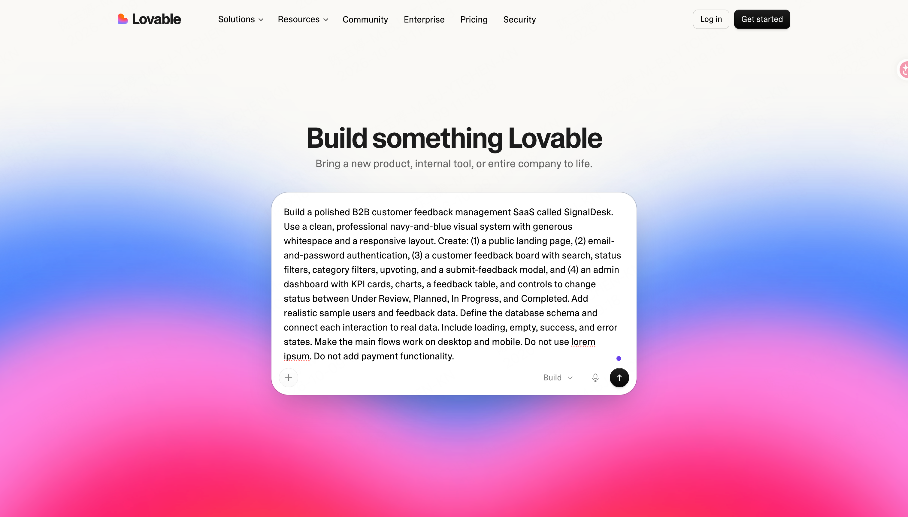 The completed first build in Lovable, with the landing page preview and 0.70 free build credits remaining.