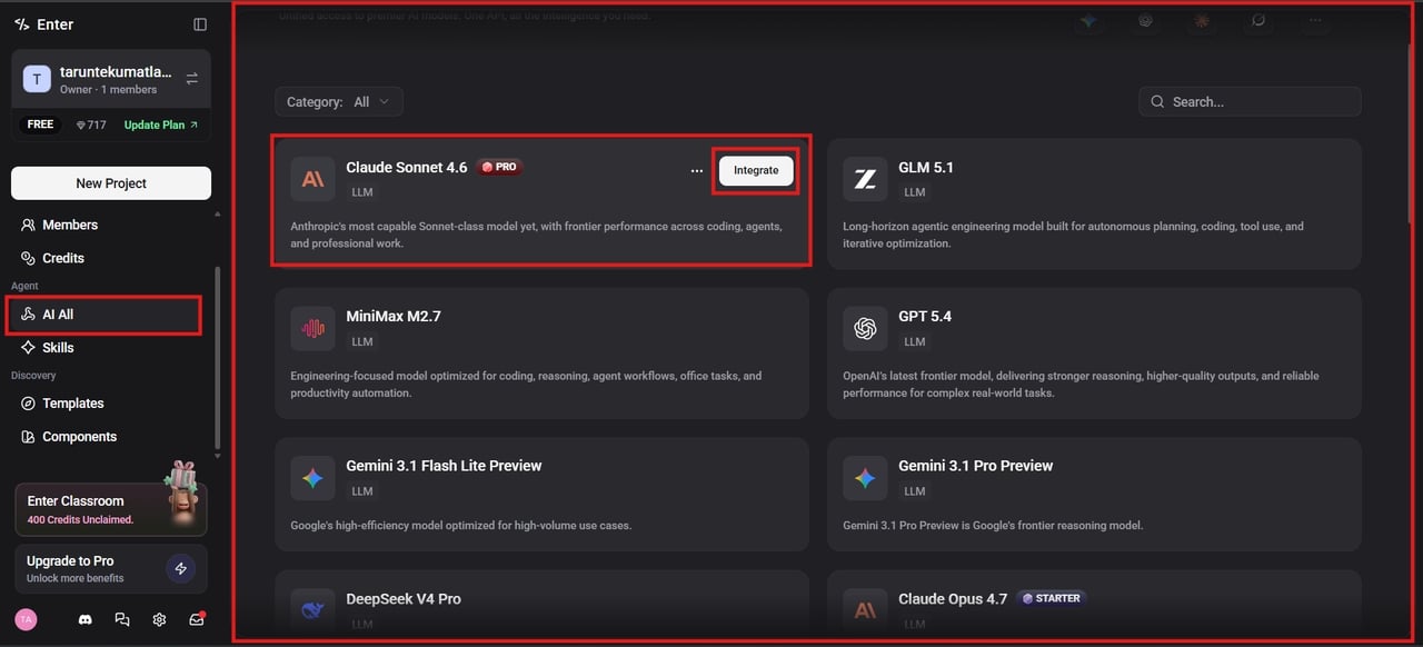 Setting up Enter Pro with Claude AI model