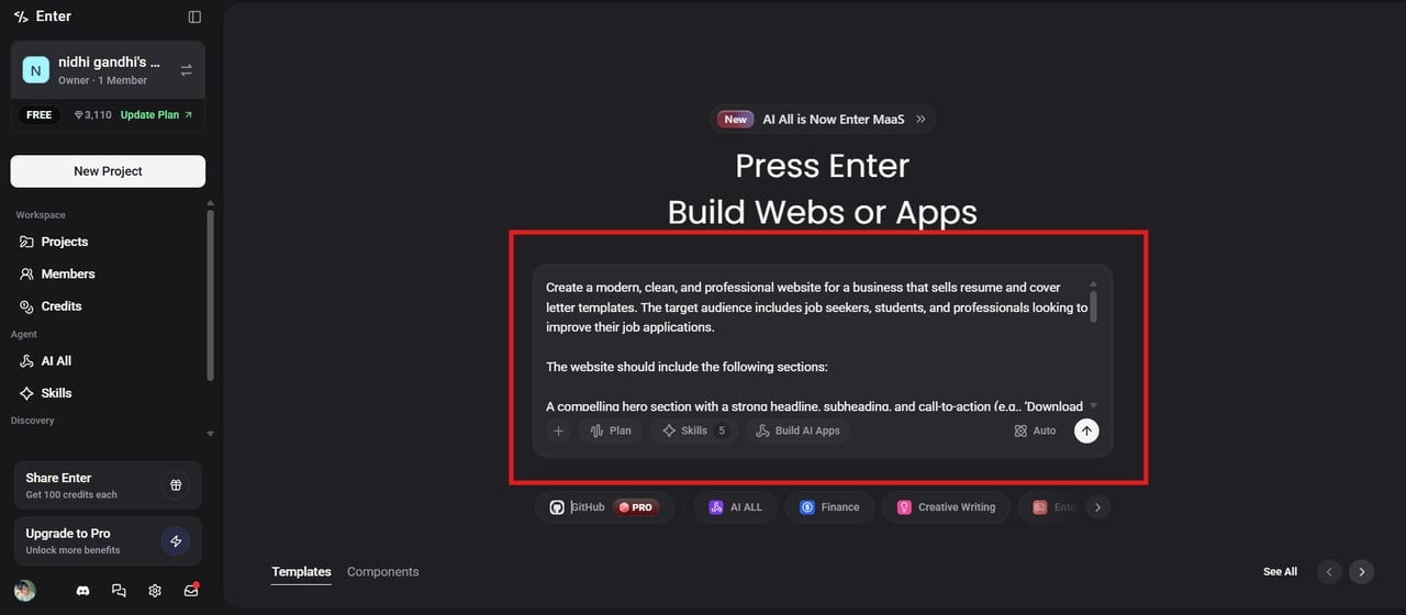 Enter a text prompt to create a website