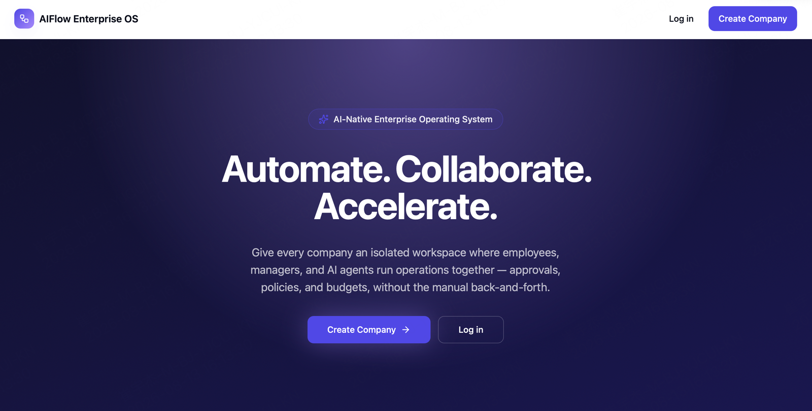AIFlow Enterprise OS dashboard, an AI system that routes employee requests through Policy, Finance, and IT agents.