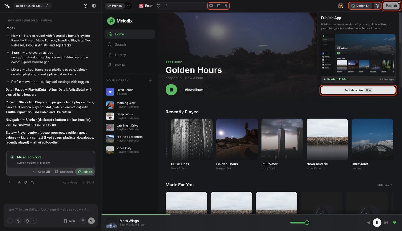 preview, edit and publish your app