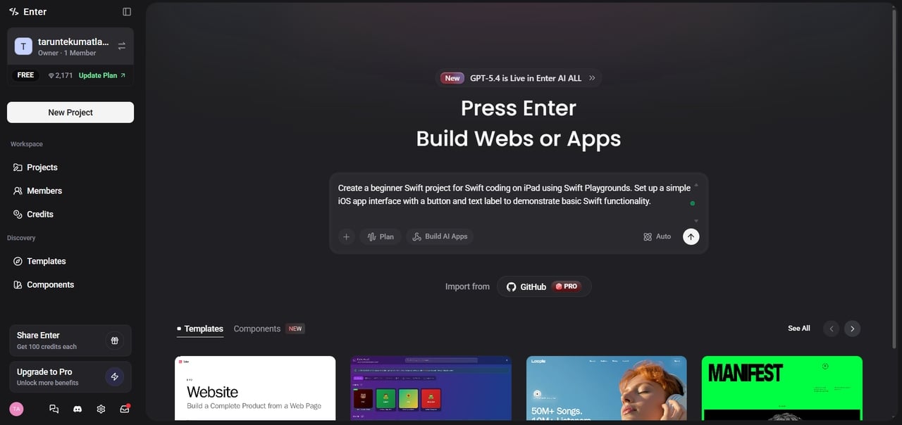Entering Swift app idea in Enter Pro