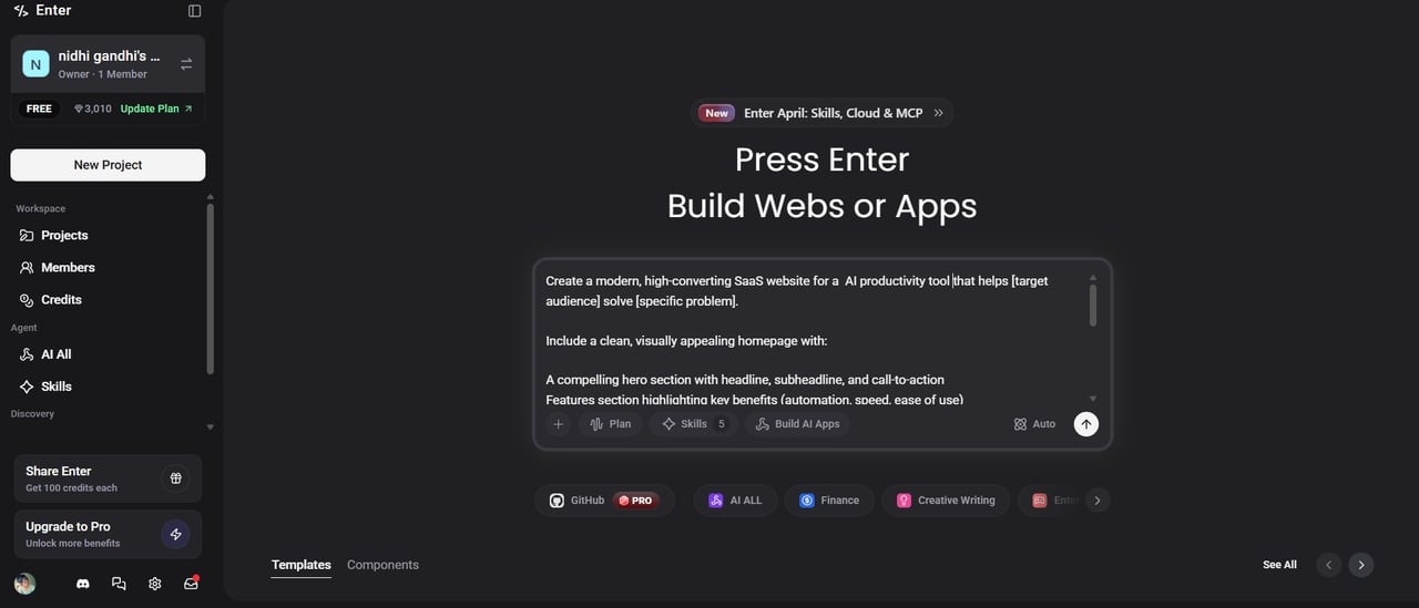 enter a text prompt to generate a website