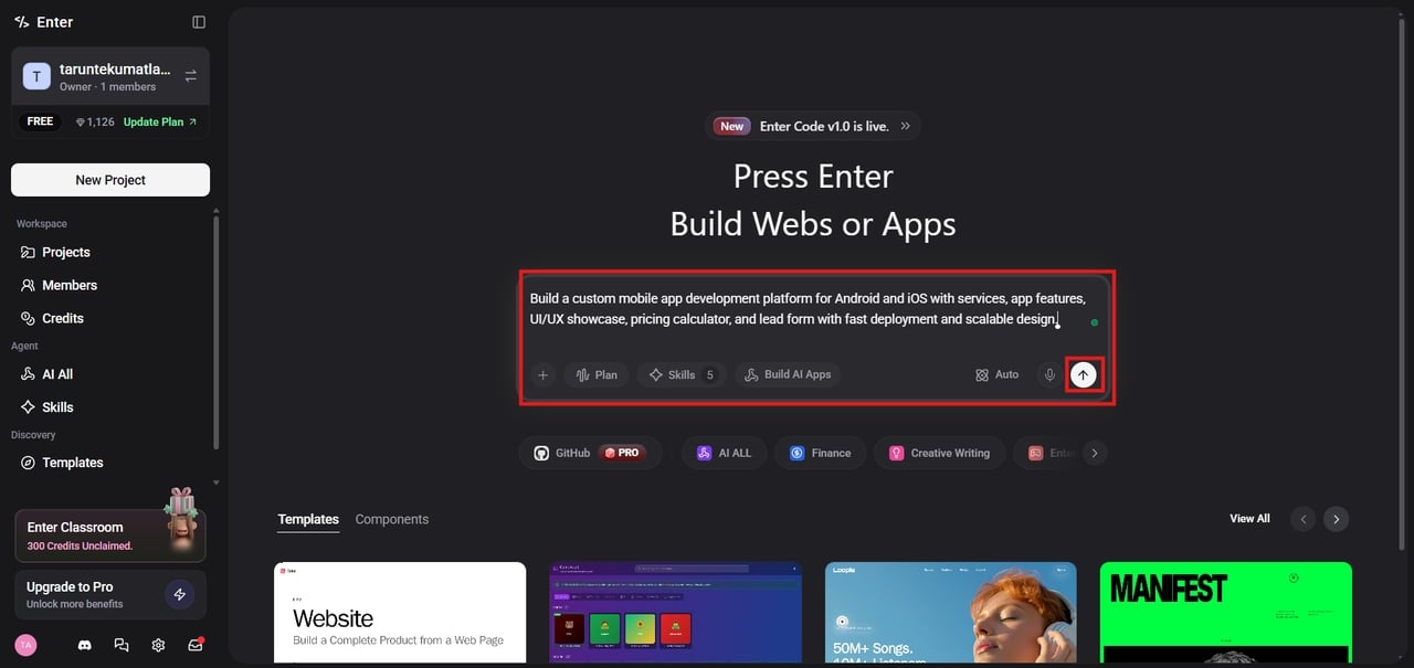 Describing app idea in prompt interface