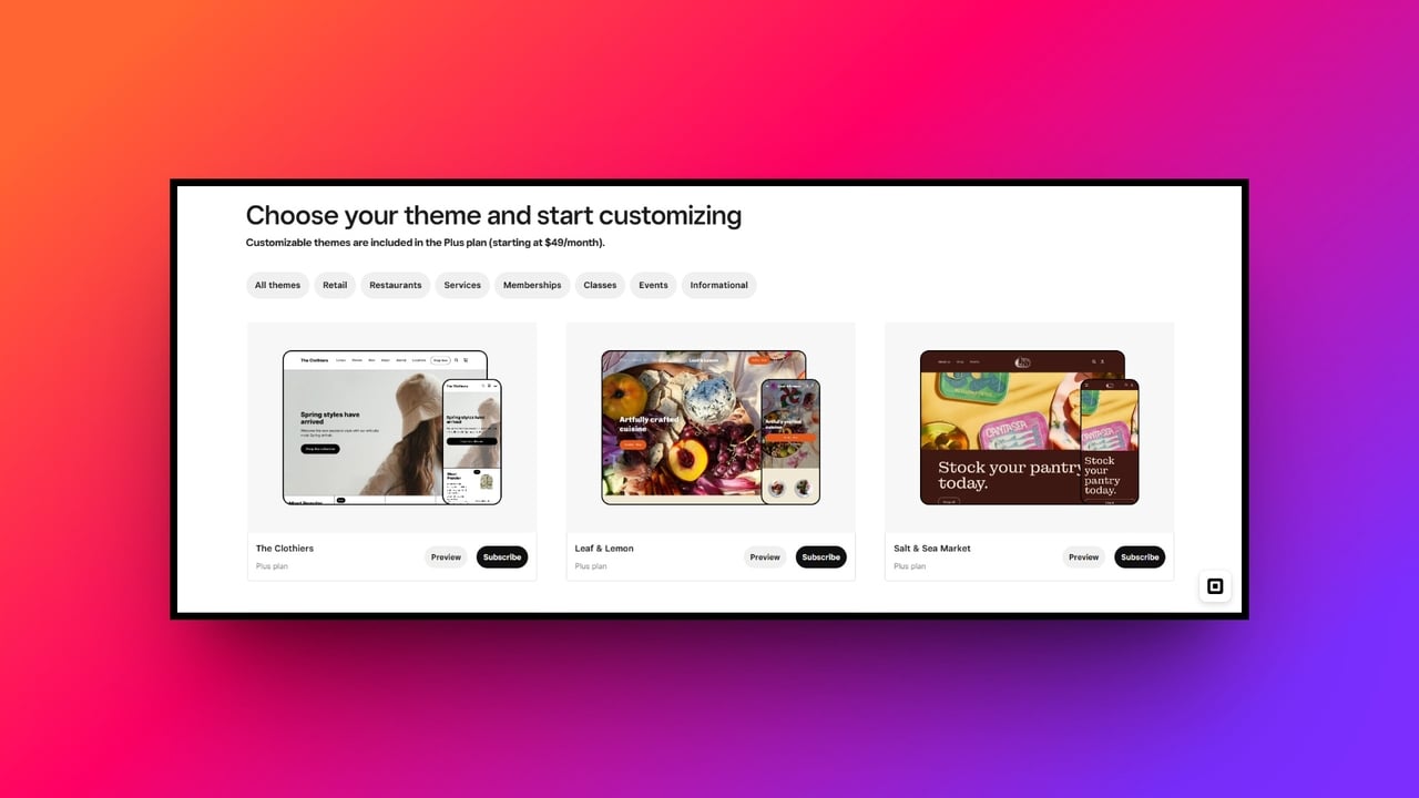 Square Online has plethora of web themes to choose from