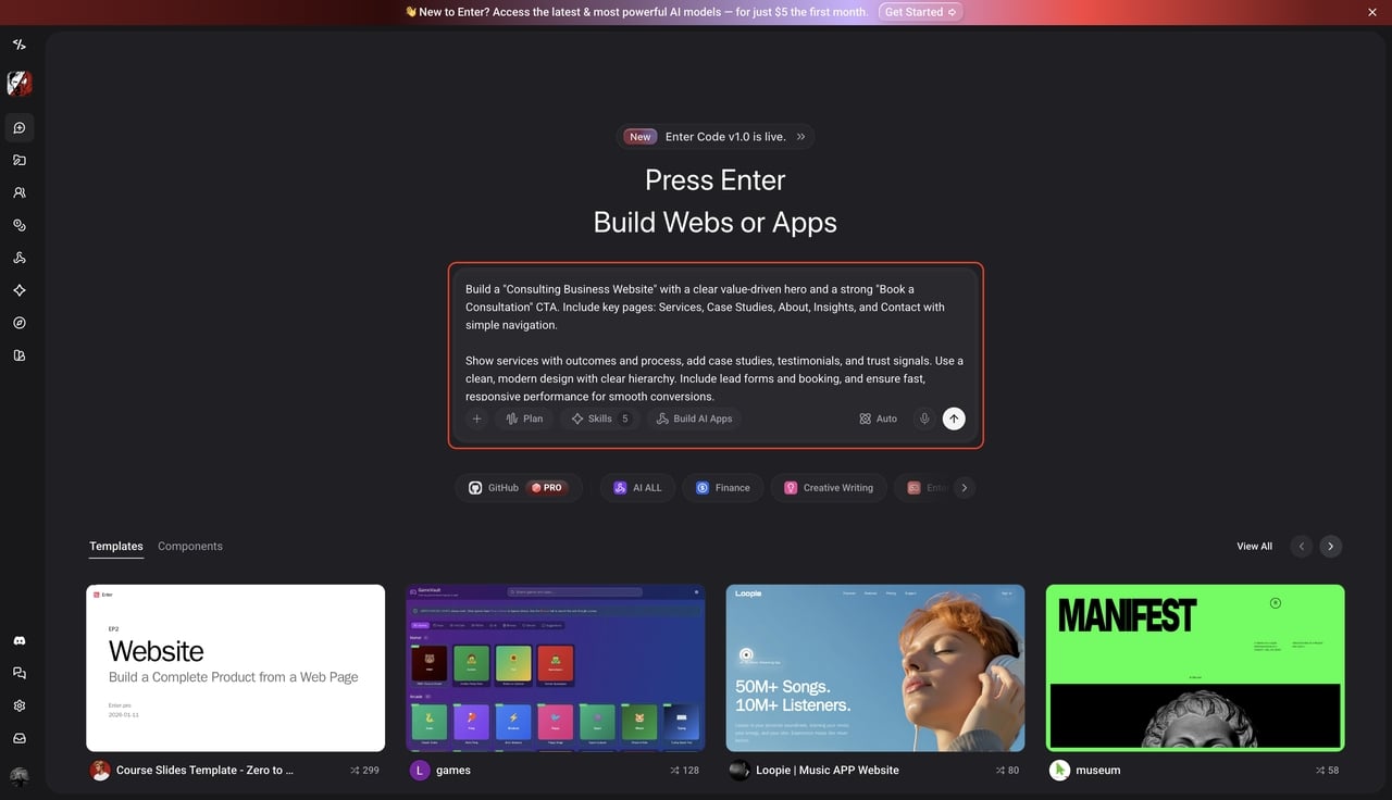 enter pro dashboard prompt input