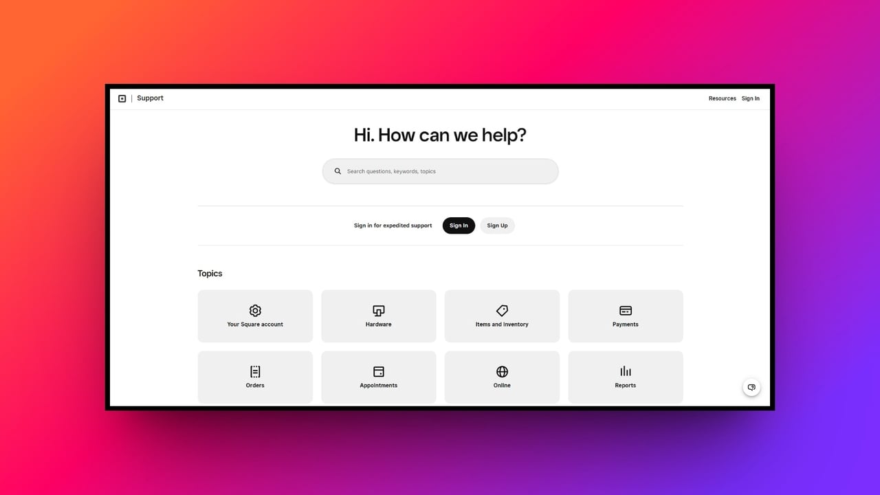 The support page of Square Online