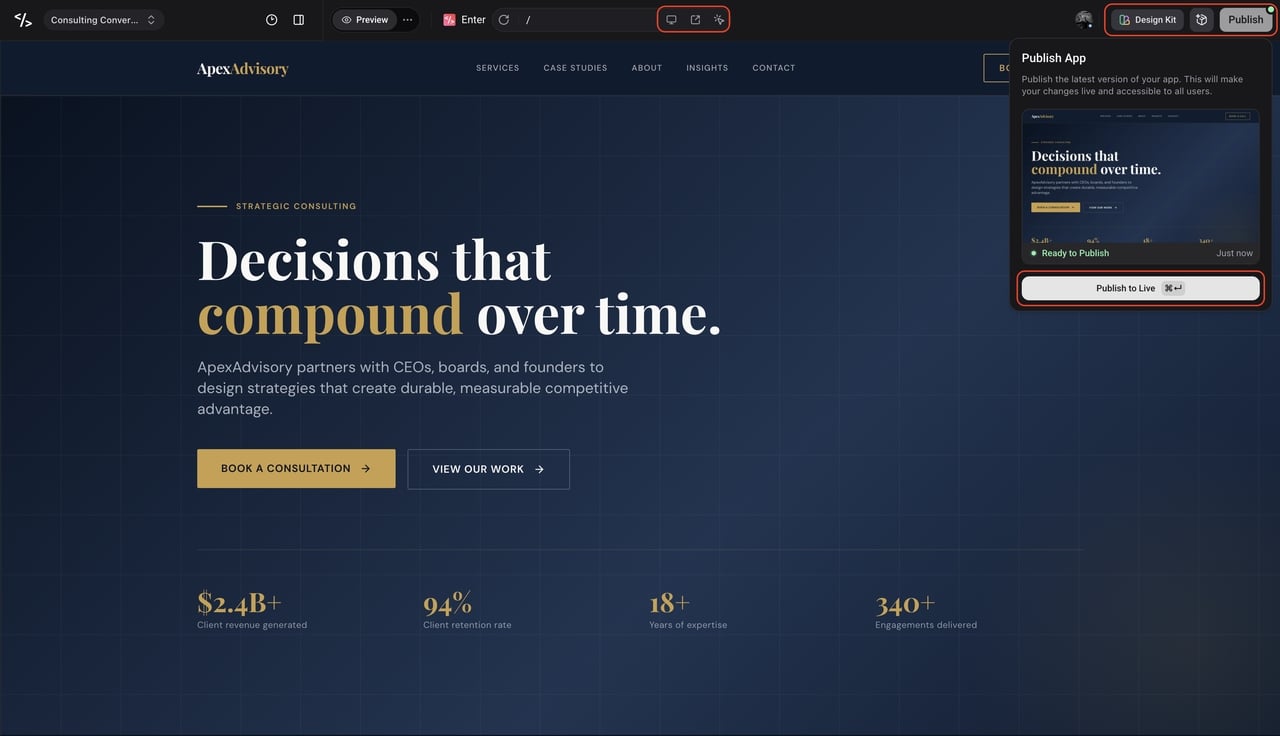 full stack website deployment interface