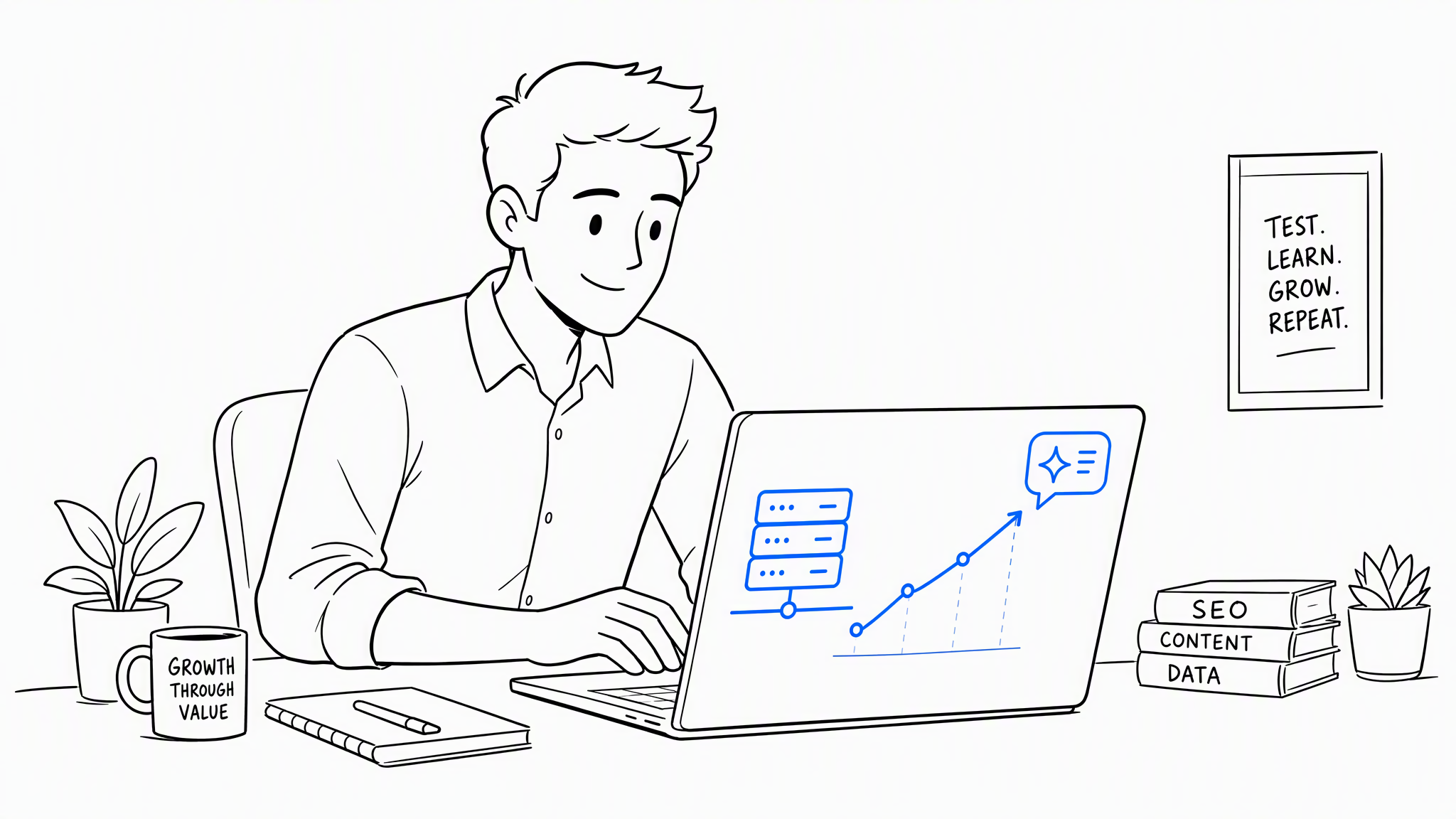 デスクでノートパソコンを見るマーケター。画面にはサーバーアイコンが上昇するSEOチャートとAIチャットバブルに接続されている