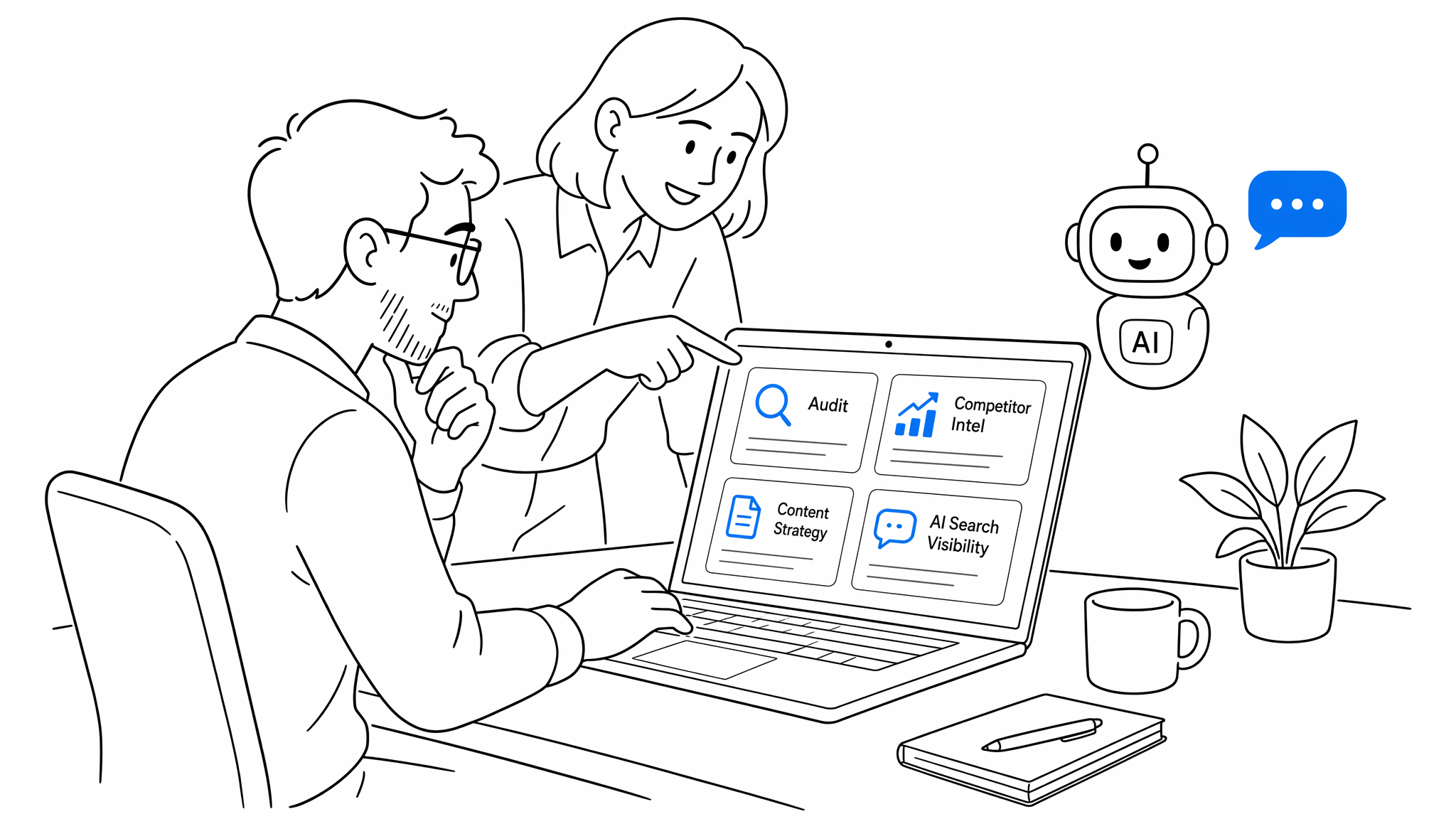 2人のグロースチームオペレーターがConcat ProのSEO/GEOエージェントダッシュボードを確認している。監査、競合インテル、コンテンツ、AI検索可視性レポートが表示されている