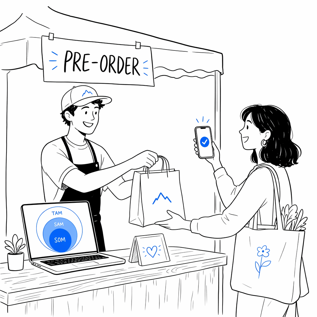 A vendor hands a pre-order bag to a customer holding a phone with a blue payment-confirmation checkmark, with a blue TAM SAM SOM circle chart on a laptop screen nearby
