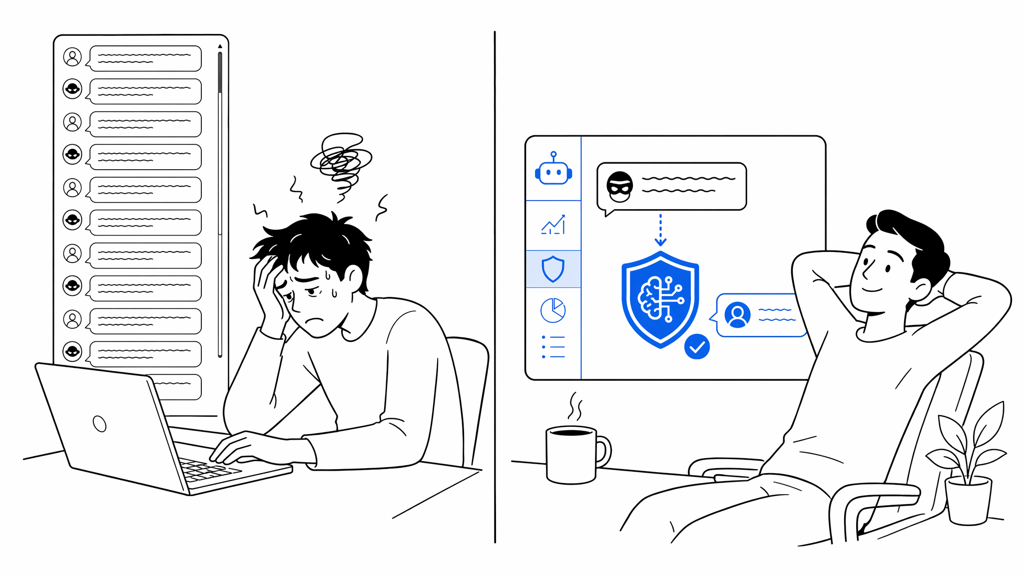 Split screen comparing a stressed analyst manually reviewing chat logs versus a calm operator using an AI messaging security agent dashboard