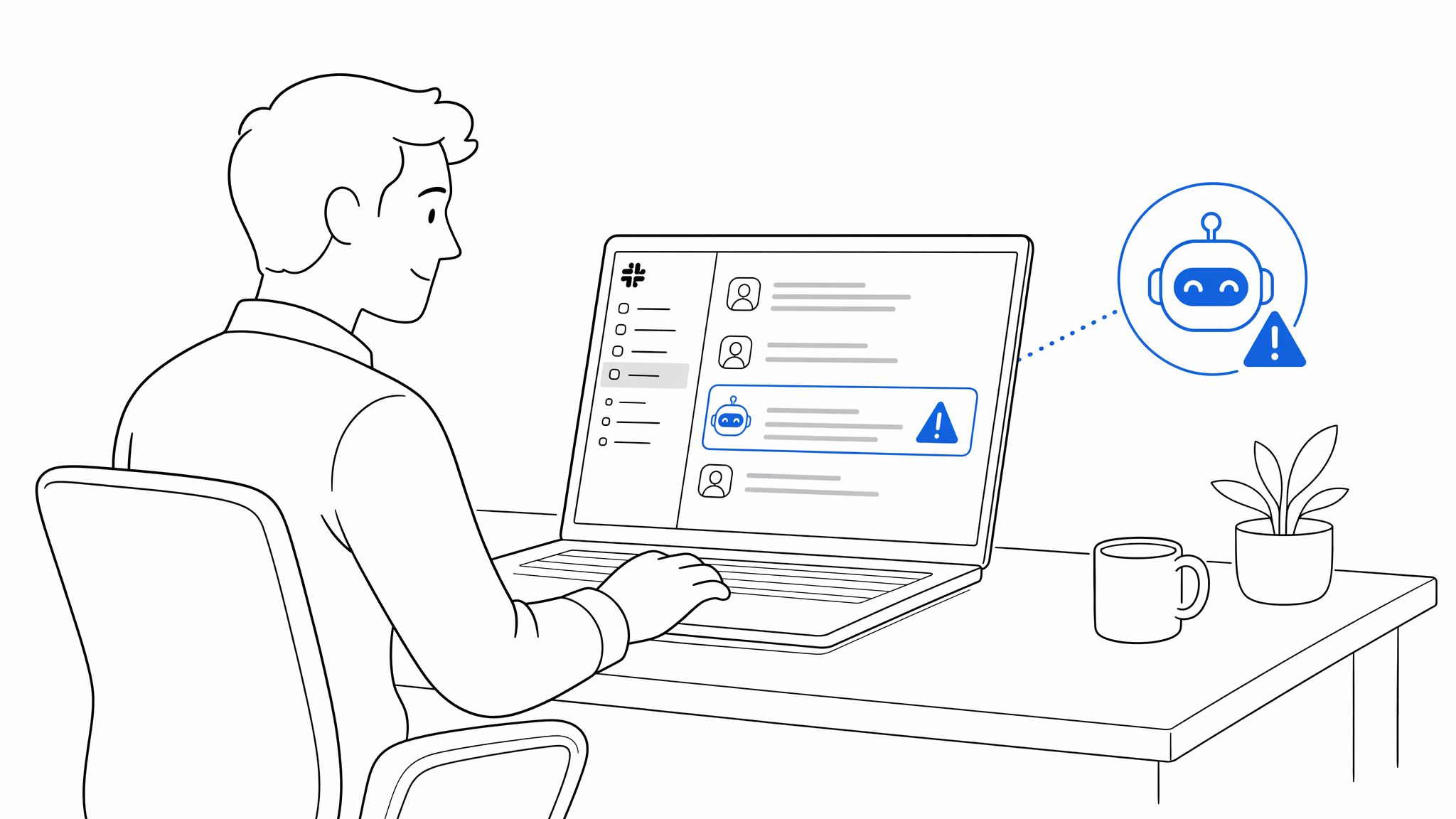 A security operator at a laptop watching a messaging security agent flag a suspicious Slack message with an AI warning icon