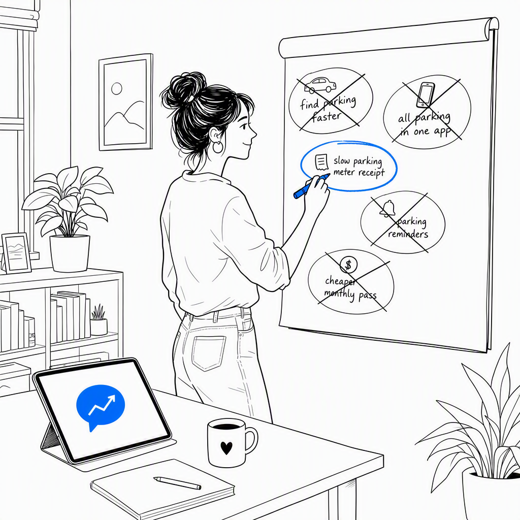 A woman circles a small handwritten annoyance about a slow parking meter receipt on a wall notepad in blue marker, while bigger crossed-out idea bubbles surround it, with a tablet on the desk showing a blue chat and search-trend icon