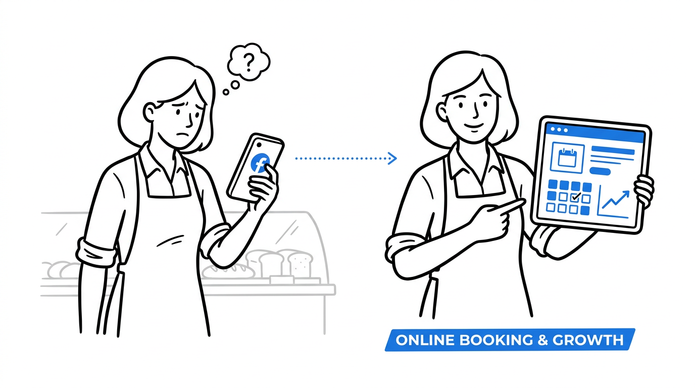 A bakery owner unsure with only a social media app on her phone transitions to confidently holding a tablet with a website booking calendar and growth chart, labeled Online Booking and Growth
