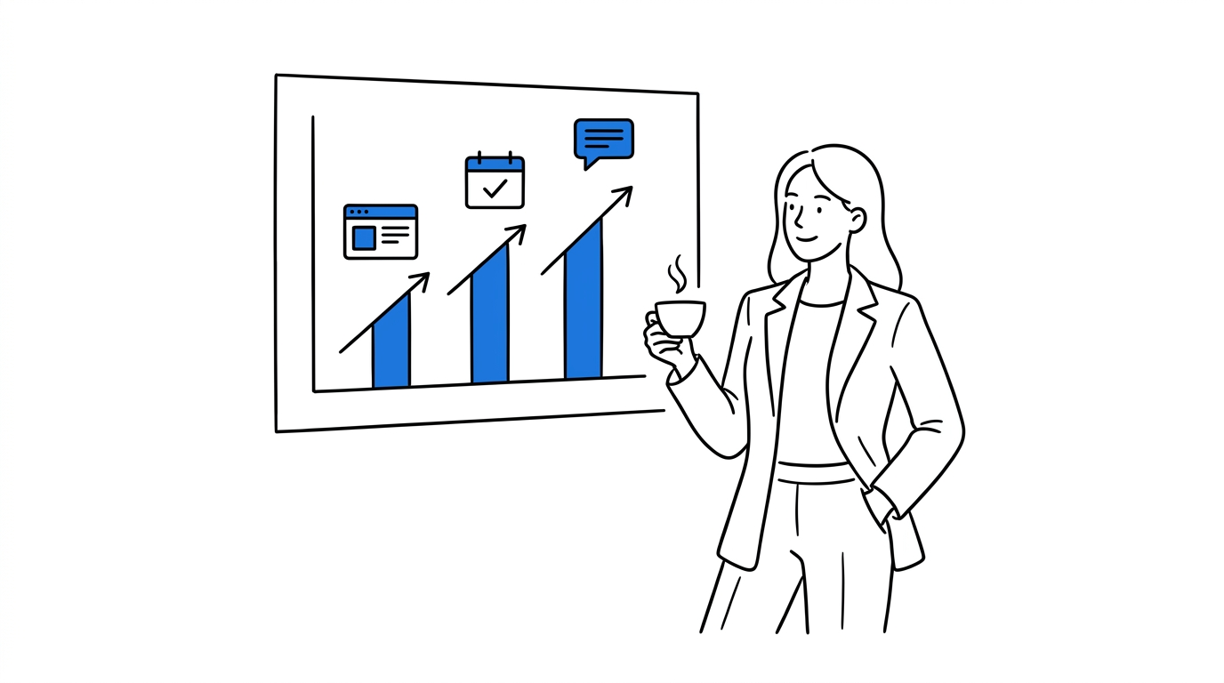 A confident business owner in a blazer holding coffee points at a wall chart with three rising blue bar graphs labeled website, booking, and messages