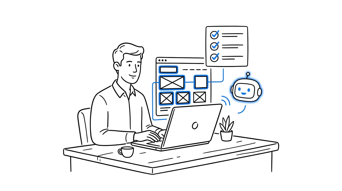 A man at a laptop with a friendly glowing AI robot assistant helping assemble website wireframe blocks with a blue checklist floating nearby
